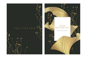 Wedding invitation template in luxury style. Abstract gold leaves and wildflower drawn on a dark gray background. Background for the invitation card, shop, beauty salon, spa.  - 482569250