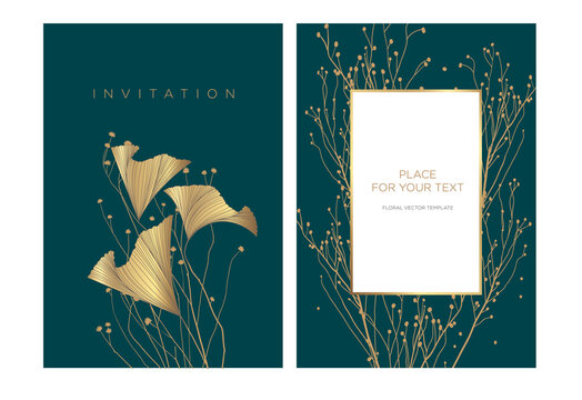 Abstract gold leaves and wildflower drawn on a dark green background. Wedding invitation template in luxury style. Background for the invitation card, shop, beauty salon, spa. 