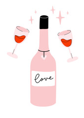 Champagne and glasses, wine and wineglasses illustration. Stylish Valentine's day greeting card, poster concept in pink and red colors. Fun and cool design. Hand drawn doodle cartoon style.