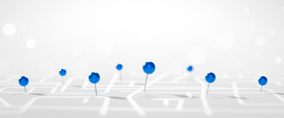 Blue location 3d pin icon of travel navigation road map marker place symbol or gps pointer route direction mark sign and global position system find target on search street background with push pin. © Lemonsoup14