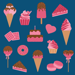 Valentines Day Set of Desserts Elements. Ice cream, Cupcake, Cheesecake, Donut, Macaroon, Cake and Waffles. Vector Illustration for Valentines Day Theme Stickers, Scrapbook, Greeting card, Menu