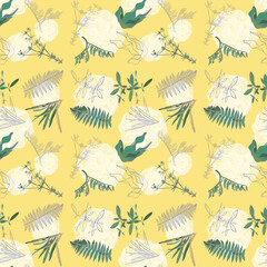 Natural seamless pattern with leaves. Green leaves on a yellow background. Outline drawing.