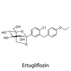 Ertugliflozin molecular structure, flat skeletal chemical formula. SGLT2 inhibitor drug used to treat Diabetes type 2. Vector illustration.