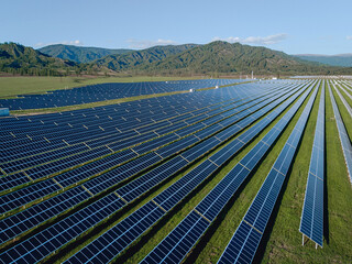 An alternative way to take care of the environment. A lot of solar panels stand near mountain peaks protecting nature.