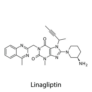 Linagliptin molecular structure, flat skeletal chemical formula. DPP4 inhibitor drug used to treat Diabetes type 2. Vector illustration.