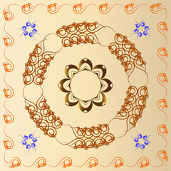 The symmetrical pattern of abstract shapes creates an ornament in the form of a colorful and bright pattern. Ornament on a brown, gradient background.