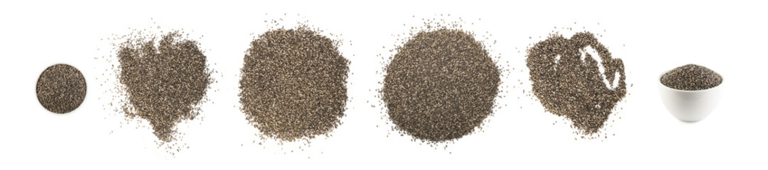 Pile of Chia Seeds in Bowl Isolated on White Background