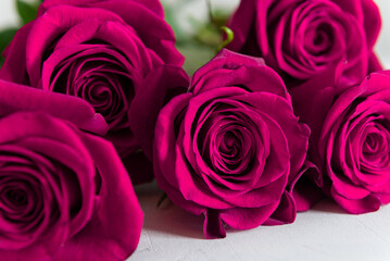 Pink roses bouquet on a white background. Happy St. Valentine's Day, Mother's Day, Women's Day. Floral background. Greeting card, romantic gift. Close up, selective focus
