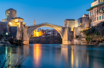 Fototapeta na wymiar view of the medieval ottoman bridge of Mostar in Bosnia and Herzegovina.