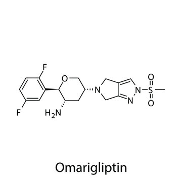 Omarigliptin molecular structure, flat skeletal chemical formula. DPP4 inhibitor drug used to treat Diabetes type 2. Vector illustration.