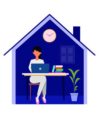 Working from home, young women working on laptop and computer at home, people at home in quarantine, flat vector illustration.