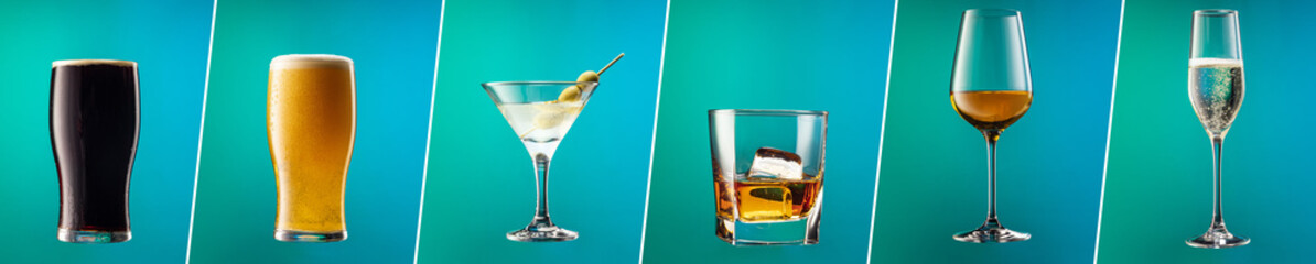 Horizontal flyer with set of glasses with different alcoholic drinks and cocktails on blue background in neon light. - obrazy, fototapety, plakaty
