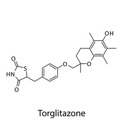 Torglitazone molecular structure, flat skeletal chemical formula. Thiazolidinedione drug used to treat Diabetes type 2. Vector illustration.