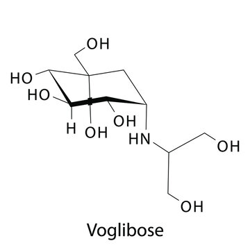 Voglibose molecular structure, flat skeletal chemical formula. Alpha-glucosidase inhibitor drug used to treat Diabetes type 2. Vector illustration.