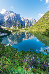 Braies Lake (Lago di Braies or Pragser Wildsee) and the Mountain peak of Croda del Becco or Seekofel, Dolomites, South Tyrol, Trentino Alto Adige, Bolzano province, Italy, Europe.