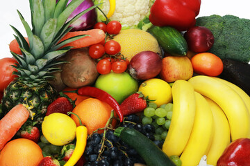 Fruits and vegetables apples isolated white pineapple,Strawberry Grapes potatoes carrots peppers 