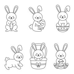 Set of cute black and white Easter rabbits in cartoon style.
