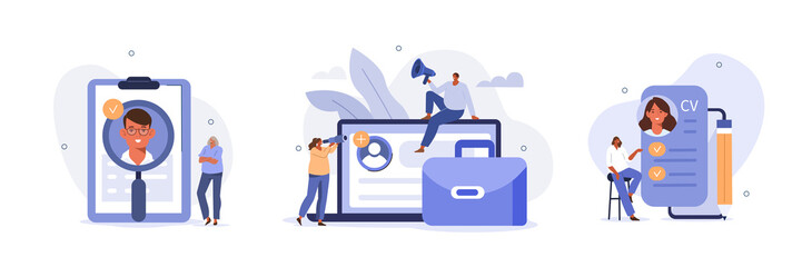 Hiring illustration set. Hr managers searching potential job candidates and analyzing CV. Character applying for work position. Job recruitment process concept. Vector illustration.