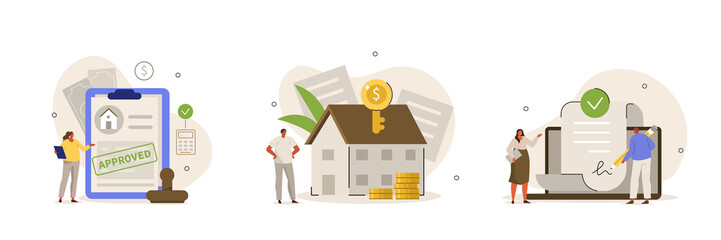 Mortgage process illustration set. People buying property with mortgage.  Characters getting bank approval, signing contact and legal documents and receiving house keys. Vector illustration.