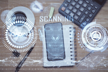 Multi exposure of technology theme drawing over work table desktop. Top view. Global data analysis concept.