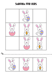 Sudoku game with cartoon Easter bunnies for kids.