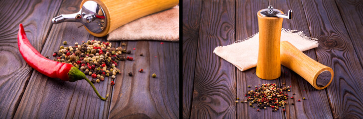 Set of Black pepper corns, red hot chili pepper and Black pepper Powder on wooden background
