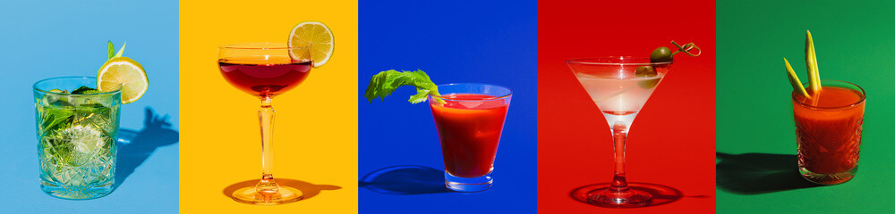 Horizontal flyer with set of glasses with different alcoholic drinks and cocktails on bright colors background. Vintage, retso style