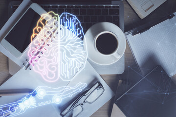 Double exposure of brain drawing over work table desktop. Top view. Global data analysis concept.