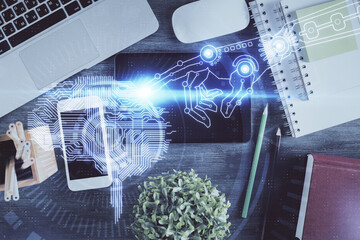 Multi exposure of brain drawing over work table desktop. Top view. Global data analysis concept.