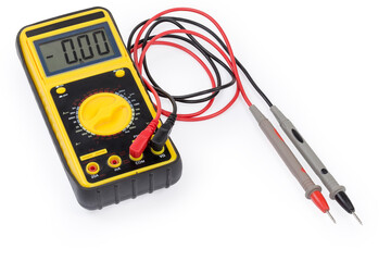 Modern universal digital multimeter with test leads on white background