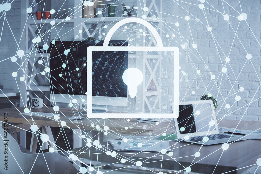 Poster multi exposure of lock drawing and office interior background. concept of data security.