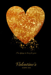 Valentines Day concept. Black and gold Valentines design with glittering gold heart and love quote. Vertical format