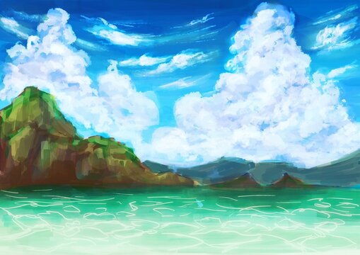 入道雲が見える真夏の海に浮かぶ島