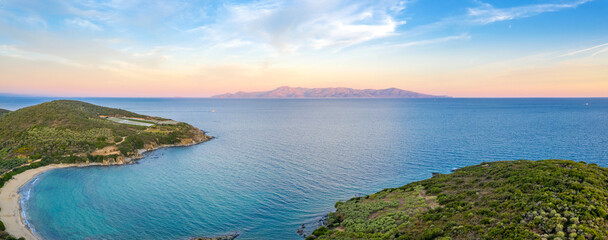 Aerial panorama of summer seascape of Mediterranean sea. Green hills of Peloponnese peninsula, Greece, Europe. - obrazy, fototapety, plakaty
