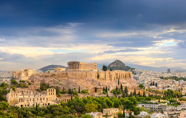 Fototapeta na wymiar Panorama of Athens with Acropolis hill, Athens, Greece. Picturesque view of the remains of the ancient city of Athens.
