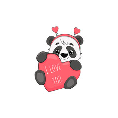 Cute cartoon panda bear with heart on a white background. Valentine's day card. Vector illustration