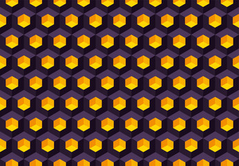 Isometric pattern of black cubes with yellow gold niches. Vector geometric background