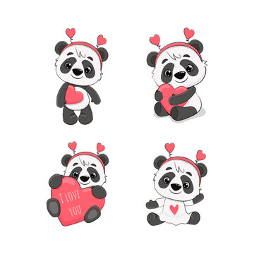 Set of Cute Cartoon Pandas isolated on a white background.Valentine's day card. Vector illustration