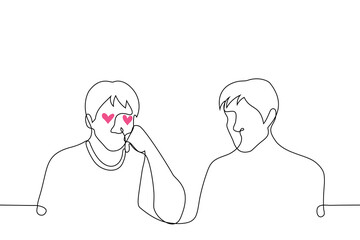 man in love sitting admiring his male crush - one line drawing vector. homosexual love concept