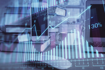 Double exposure of financial graph drawing and cell phone background. Concept of forex trading