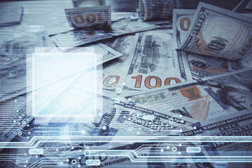 Double exposure of data theme drawing over us dollars bill background. Technology concept.