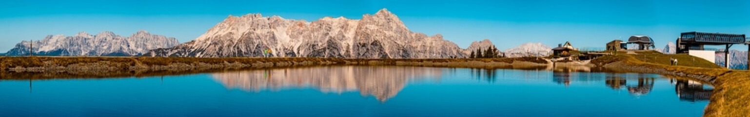 High resolution stitched panorama with reflections at the famous Asitz summit, Leogang, Salzburg,...