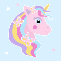 Obraz na płótnie Canvas Pink unicorn head with rainbow mane with butterflies and golden horn