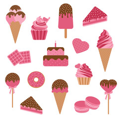 Valentines Day Set of Dessert Elements. Ice cream, Cupcake, Cheesecake, Donut, Macaroon, Cake and Waffles. Vector Illustration for Valentines Day Theme Stickers, Scrapbook, Greeting card, Menu