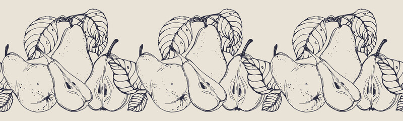 Vector horizontal seamless border with hand darwn pears. Eps 10 fruits backdrop.  Line-art botanical illustration