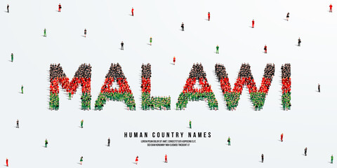 A large group of people stands, making up the word Malawi. Malawi flag made from people crowd. Vector illustration isolated on white background.