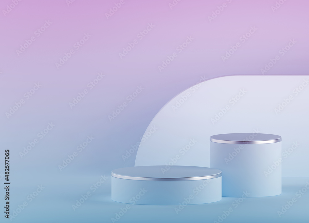 Poster 3d render, abstract pastel violet blue background with empty podium and curvy geometric shape. moder