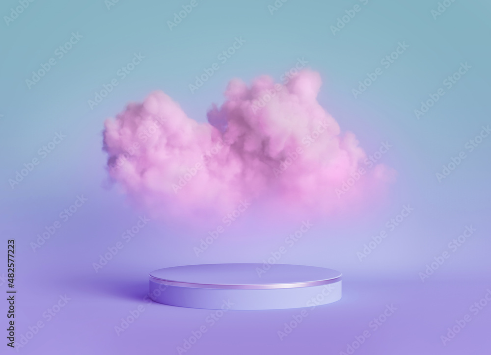 Poster 3d render, abstract blue violet background with pink fluffy cloud levitates above the empty stage. m