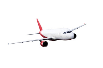 Red Commercial airplane jetliner flying isolated . Travel concept.
