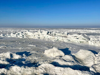 The ice-bound Amur Bay of the Sea of Japan. Russia, Vladivostok